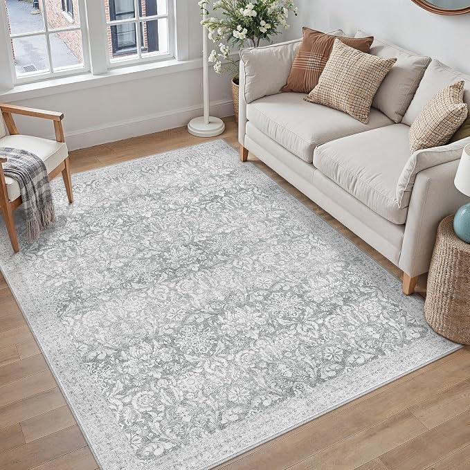 PureCozy 4x6 Area Rug Washable Gray Vintage Home Office Carpet Indoor Non Slip Small Low Plie Thin Bedroom Living Dining Room Retro Accent Throw Grey Rug