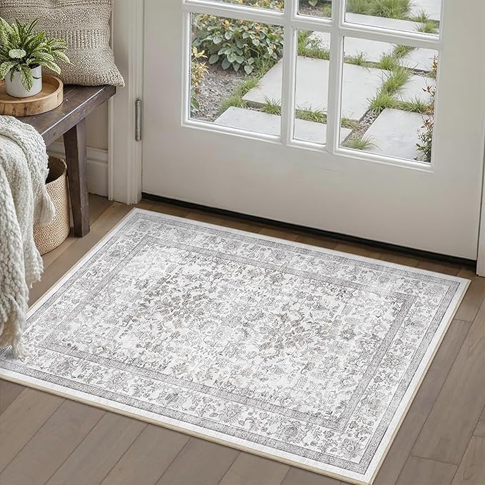 2x3 Gray Entryway Rug Non Slip Washable Area Rug Soft Vintage Boho Throw Rug Retro Distressed Floral Carpet Indoor Farmhouse Decor Low Pile Small Door Mat for Kitchen Bathroom Bedroom Laundry Office