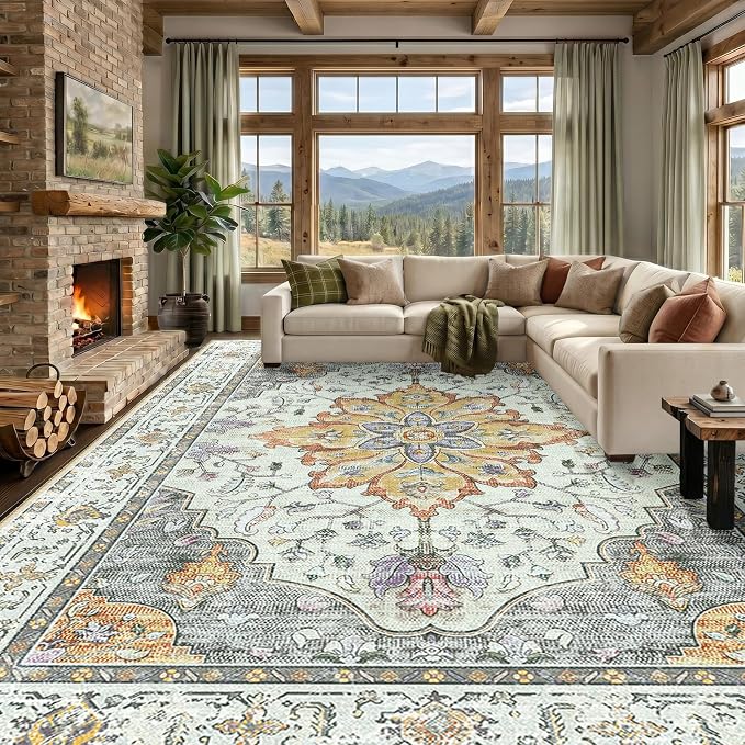 RELEANY Area Rugs Large 10'x14' Washable Non-Slip, Floral Vintage Distress Medallion Carpet for Living Room Bedroom Dining Room, Beige Carbon Grey Orange