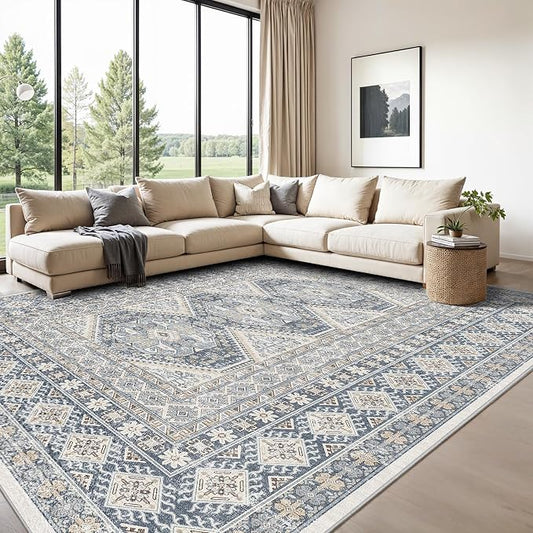 Washable Living Room Area Rug: 9x12 Large Super Soft Vintage Rugs Bedroom Oriental Indoor Rug Water Resistant Ultra Thin Carpet Non-Slip Backing Distressed Rugs for Kitchen (Blue, 9x12)
