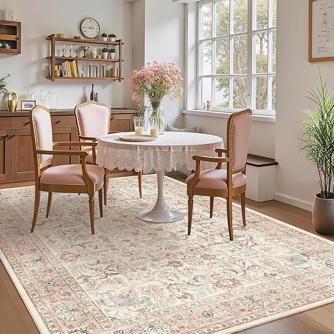 6x9 Pink Washable Area Rugs for Living Room Non Slip Low Pile Vintage Boho Throw Rug Soft Retro Distressed Floral Large Carpet Indoor Farmhouse Decor for Bedroom Dining Room Office Kitchen Playroom