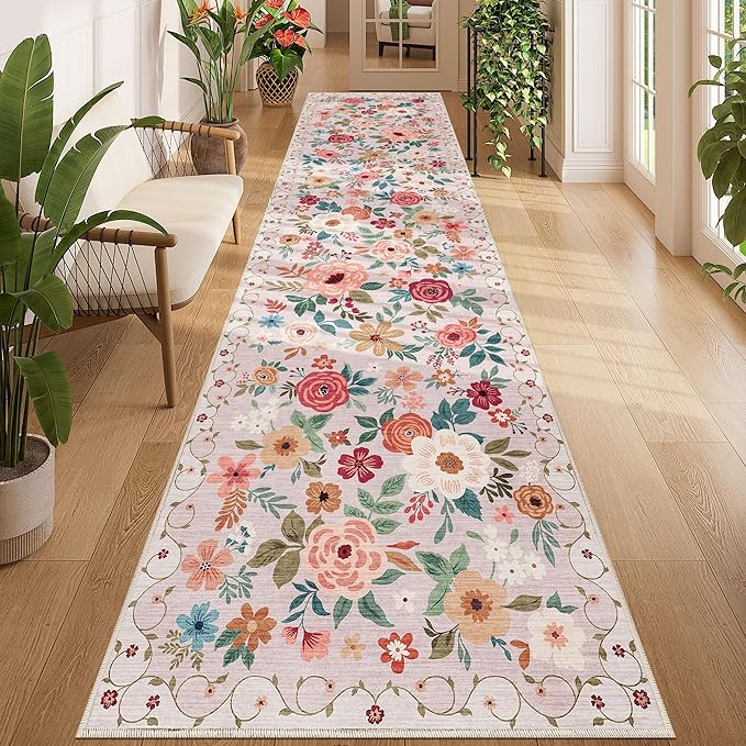 DUKINO 3x12 Washable Runner Rug, Non Slip Soft Floral Hallway Runner Rug with Non Shedding Design, Low Pile Long Floor Carpet for Kitchen, Hallway, Bathroom, Entryway, Laundry, Beige