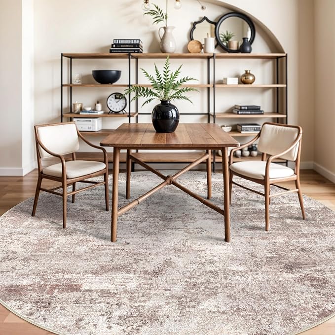 Washable Abstract 9ft Round Rugs - Large Rugs for Living Room Non Slip Indoor Entryway Carpet Bedroom Kitchen Distressed Stain Resistant Floor Decor Mat Machine Washable 9ft Brick/Brown/Beige