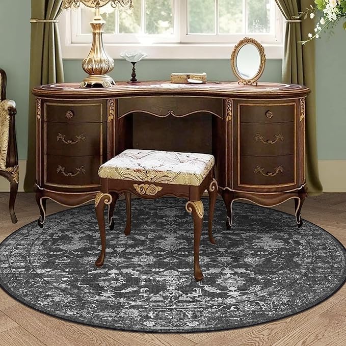 5ft Black Round Washable Area Rug for Living Room Vintage Boho Non Slip Circle 5x5 Rug Distressed Floral Carpet Indoor Retro Soft Low Pile Farmhouse Throw Rug for Bedroom Nursery Office