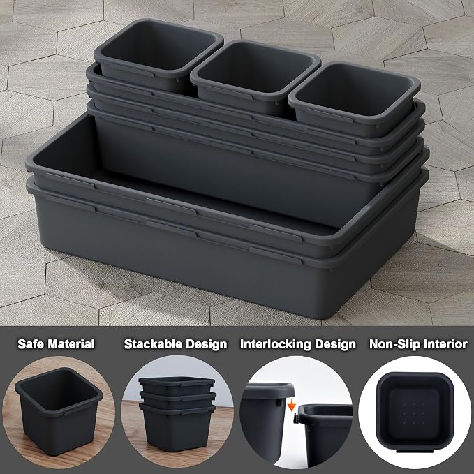 QUELIEN Desk Drawer Organizer Tray Set, 8PCS Plastic Drawer Organizer Bins for Office, Makeup, Kitchen - Gray Blue Desk Organizer with Flexible Interlocking Design for Efficient (Gray Blue, 8PCS)