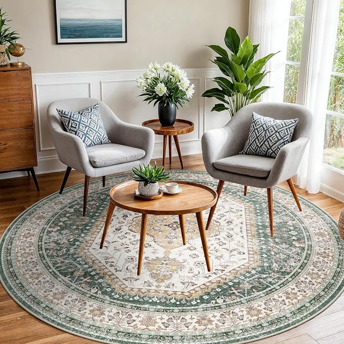Puino 6FT Round Area Rugs for Living Room: Circle Rugs Machine Washable Oriental Low Pile Soft Non Slip Backing Vintage Indoor Rug for Bedroom Nursery Dining Room Home Office Green/Beige
