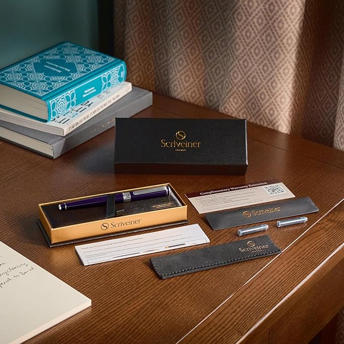 Scriveiner Luxury Fountain Pen - Aubergine, Schmidt Gilded Nib (Medium), Converter, Best Pen Gift Set for Men & Women, Professional, Executive, Office, Nice Pens