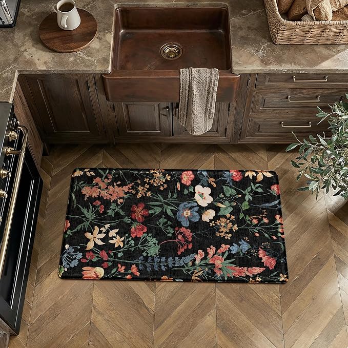 PureCozy Kitchen Mats 2PCS Anti Fatigue Cushioned Mat Non Slip Floral Boho Kitchen Mats for Floor Waterproof Comfort Standing Black Rug for Sink Laundry Office Desk 17.3"x47"+17.3"x30"