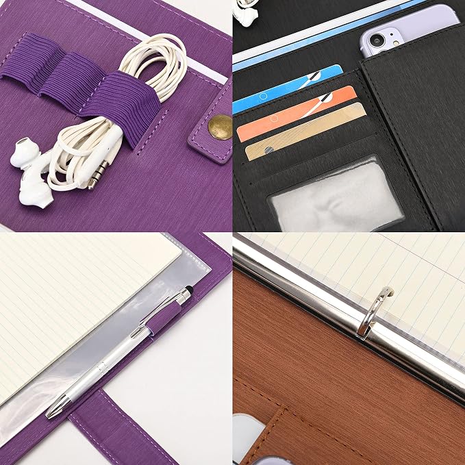 Wonderpool A4 PU Leather Portfolio Holder Ring File Document Case with Removable Binder Clipboard, Multi Pocket and Legal Pad for Business Organizer Interview and Meeting (Wine red)