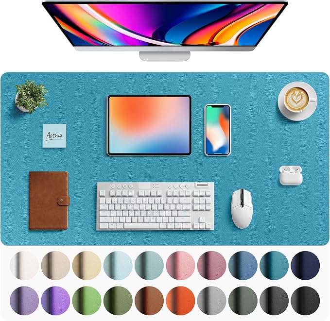 Aothia Faux Leather Desk Mat - Large Mouse Pad, Non-Slip PU Leather Blotter, Waterproof Writing Surface for Office and Home (Turquoise, 40" x 24")