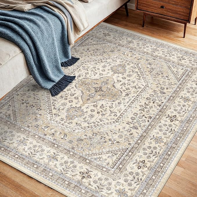 4X4 Square Rug for Living Room - Washable Kitchen Area Rug with Non Slip Rubber Backing for Bedroom Indoor Soft Stain Resistant Carpet Desk Rug for Pet-Friendly and Kitchen Decor Beige/Gray