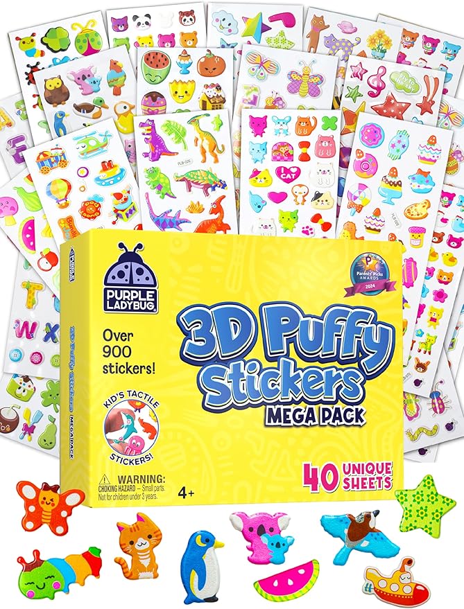 Purple Ladybug 3D Puffy Stickers for Kids - 40 Sheets, 950+ Foam Stickers for Toddler Girls & Boys, Classroom & Teachers Must Haves, Boredom Buster - Back to School Gift for Kindergarten Girls & Boys