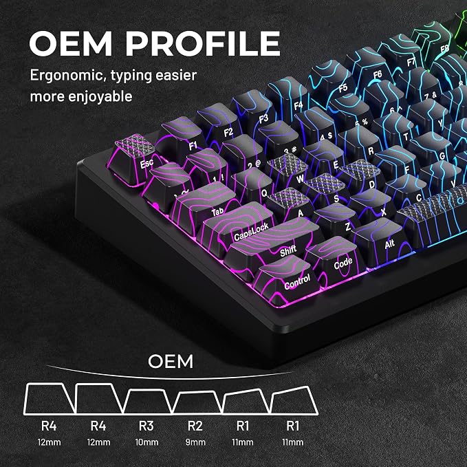 HITIME XVX Shine Through Keycaps w/IMD Tech, Custom Topographic Keycaps 60 75 100 Percent, Black Key Cap Set Lines Backlit, OEM Profile Side Printed for Keyboards