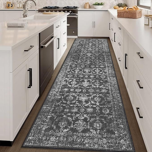 3x10 Black Runner Rug Hallway Washable Area Rugs Kitchen Vintage Boho Non Slip Long Rug Floral Carpet Indoor Retro Soft Low Pile Throw Rug for Bedroom Bathroom Laundry Dining Living Room Office