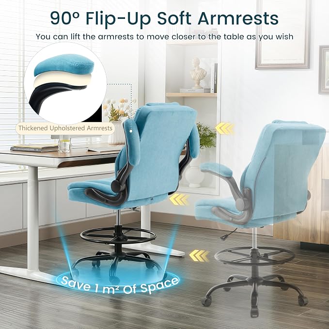 Drafting Chair 500Lbs, Tall Office Chair for Standing Desk, Fabric Executive Office Chair with Flip-up Armrests, Ergonomic High Chair with Adjustable Foot Ring, Comfy Stool Chairs, Blue