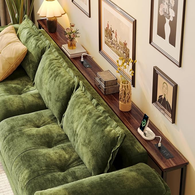 Huuger 110.2 Inch Sofa Table with Power Outlets, 23.9’’-34.4’’ Height Adjustable Range, Behind Couch Table with USB-C Ports, Sofa Tables Narrow Long, Skinny Console Table, Small Spaces, Dark Walnut