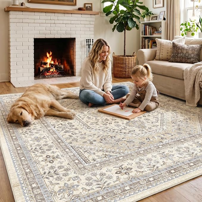 Puino 9x9 Square Area Rug - Washable Oriental Large Rugs for Living Room Soft Non-Slip Backing Indoor Carpet for Bedroom Low Pile Stain Resistant Floor Mat for Dinning Room Home Decor Beige/Gray