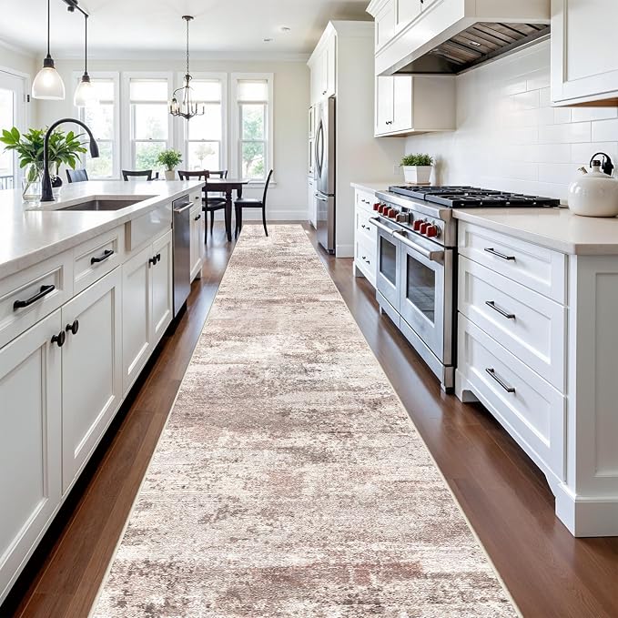 RUUGME 3x20 Runner Rug Washable - Runner Rug Stain Resistant for Living Room Non Slip Indoor Entryway Rubber Backing Carpet Bedroom Kitchen Distressed Floor Decor Mat 3x20 Brick/Brown/Beige
