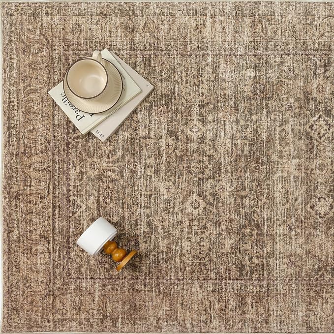 PureCozy Washable Area Rug 2x3, Small Non-Slip Brown Entryway Door Mat Vintage Low Plie Thin Indoor Kitchen Bathroom Rug Retro Accent Throw Entrance Bedroom Office Carpet