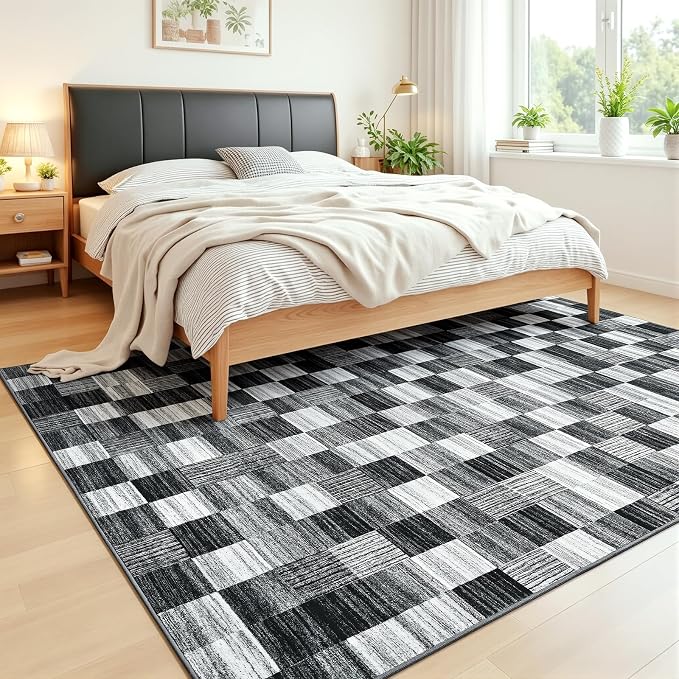 Terrug Black and White Checkered Rug for Living Room, 5x7 Area Rugs Washable with Non Slip for Bedroom, Soft Low Pile Stain Resistance Abstract Carpet for Dinning Room