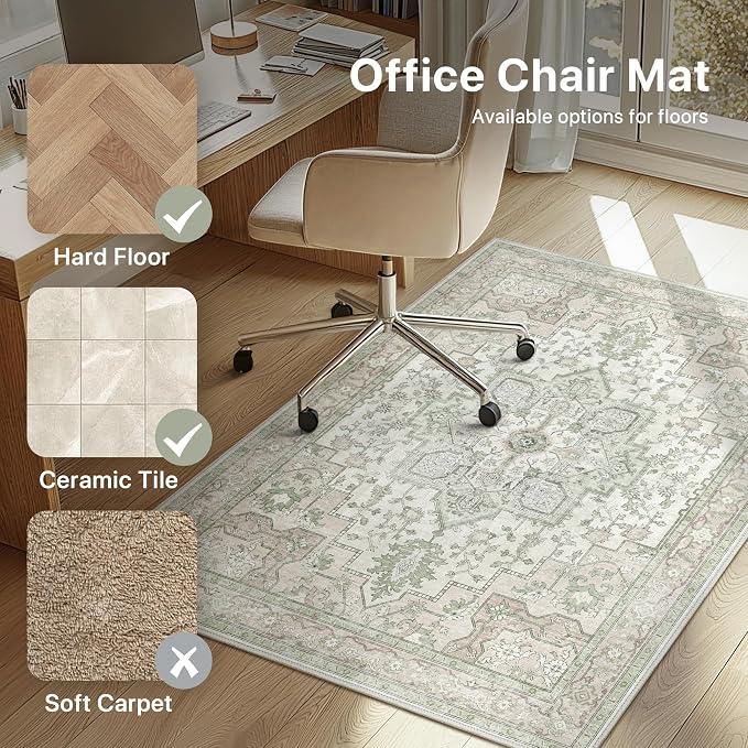 36"x60" Office Chair Mat for Hardwood Tile Floor, Under Desk Carpet Protector for Rolling Computer Chair Mat, Machine Washable Area Rug, Anti-Slip 1/5" Thick Low Pile Thin Vinyl Floor Mat, Mint