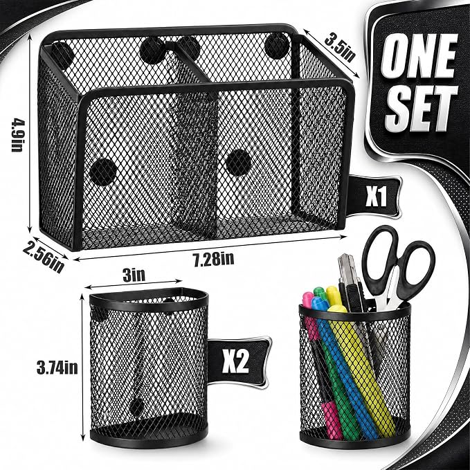 Marspark 3 Pcs Magnetic Pen Holder Set Metal Pencil Holder with Strong Magnets Wire Mesh Storage Basket Organizer for Locker Accessories Whiteboard Refrigerator School Office Dorm (Black)