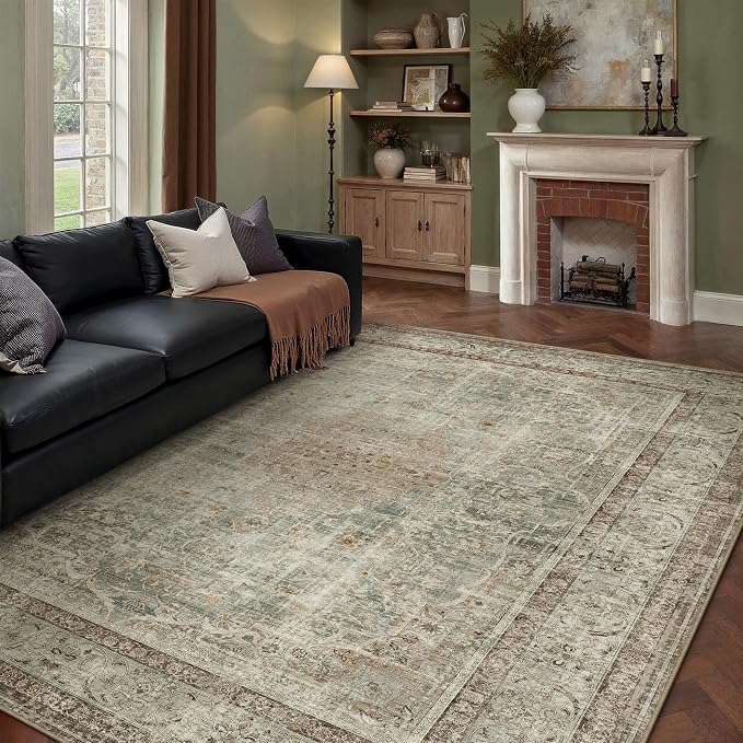 PureCozy Sage Area Rug 6x9 for Living Room Washable Vintage Carpet Low Pile Non Slip Distressed Soft Traditional Retro Oriental Large Accent Throw Rug Office Bedroom Dining Room Playroom