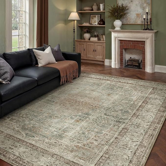 PureCozy Sage Area Rug 6x9 for Living Room Washable Vintage Carpet Low Pile Non Slip Distressed Soft Traditional Retro Oriental Large Accent Throw Rug Office Bedroom Dining Room Playroom