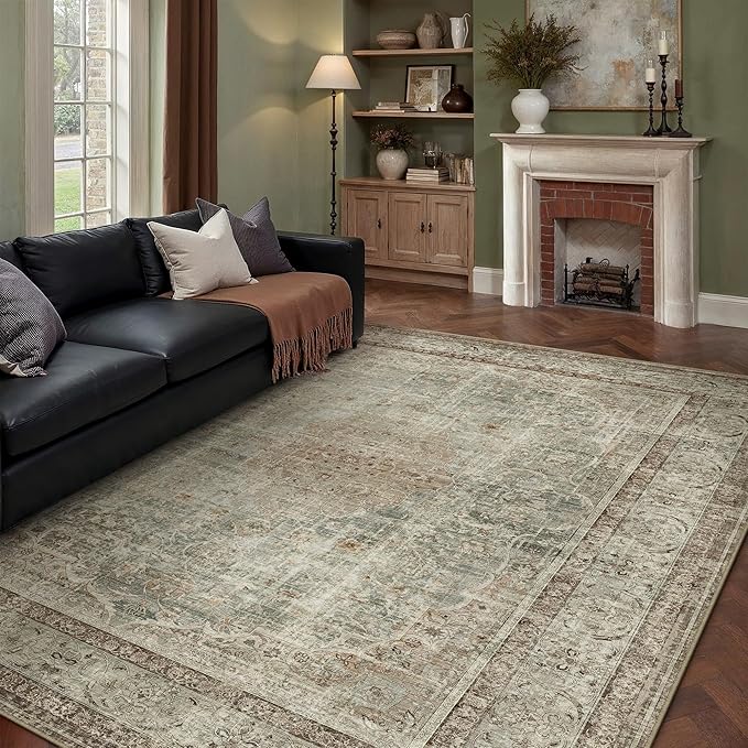 PureCozy Sage Area Rug 5x7 for Living Room Washable Vintage Carpet Low Pile Non Slip Distressed Soft Traditional Retro Oriental Large Accent Throw Rug Office Kitchen Bedroom Dining Room