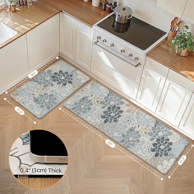GENIMO Anti Fatigue Kitchen Mats for Floor 2PCS, Cushioned Standing Mats | 17.3"x59"&17.3"x30", Light Blue vintage floral rug set, waterproof, non slip, easy-clean for farmhouse