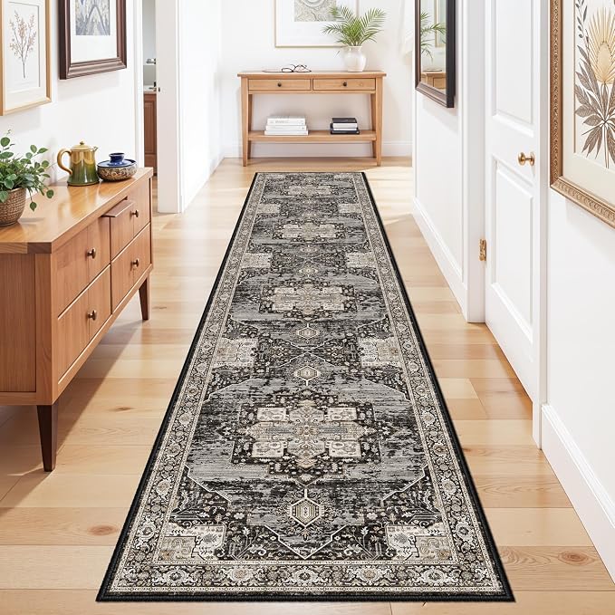 Washable Hallway Runner Rug 2x10 - Stain Resistant Kitchen Rugs with Non Slip Backing Soft Low Pile Carpet for Bedroom Laundry Entryway Ultra-Thin Vintage Home Decor Floor Mat for Bathroom 2X10 Black