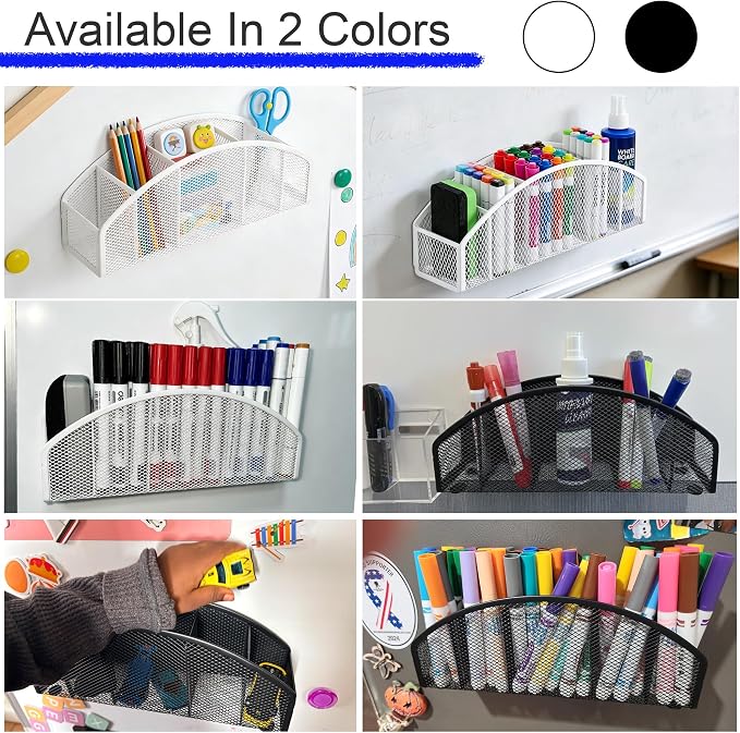 Magnetic Dry Erase Marker Holder for Whiteboard, 10 inch Large Capacity Whiteboard Marker and Spray Holder, 5 Slots Magnetic Fridge Organizer for Office, Classroom, Home (White)