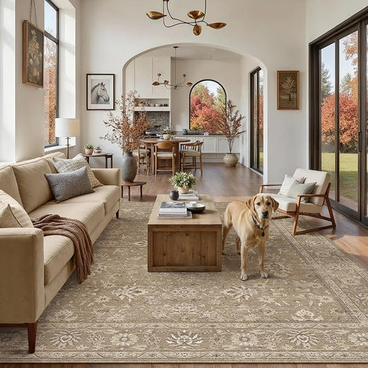 PureCozy 6x9 Area Rug Brown Washable Vintage Carpet Living Room Bedroom Large Non Slip Stain Soft Resistant Low Pile Thin Boho Accent Indoor Throw Rug for Dining Room Office