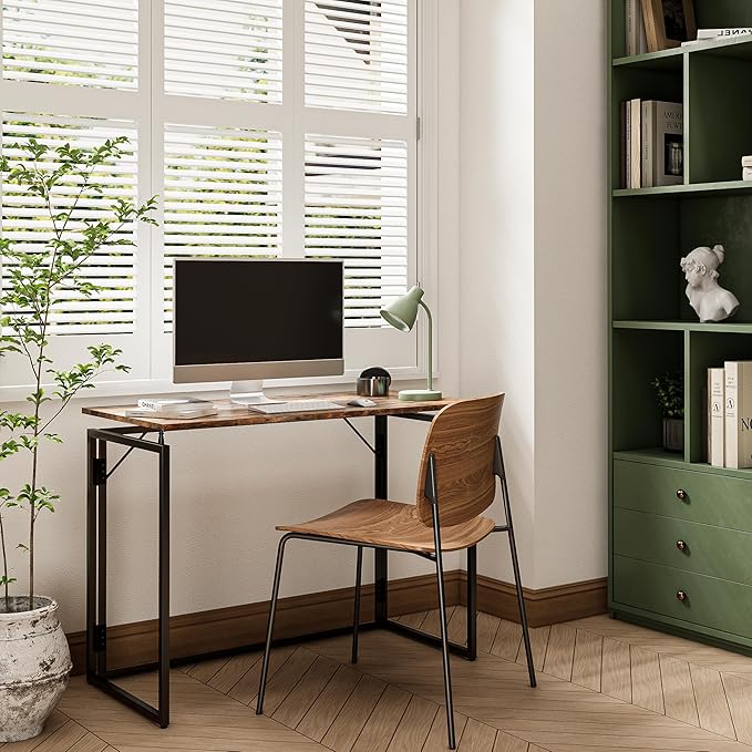 Folding Desk - 39.4” Wood Top Foldable Desk for Small Spaces | No Assembly Required Compact Desk for Home Office, Writing, and Study