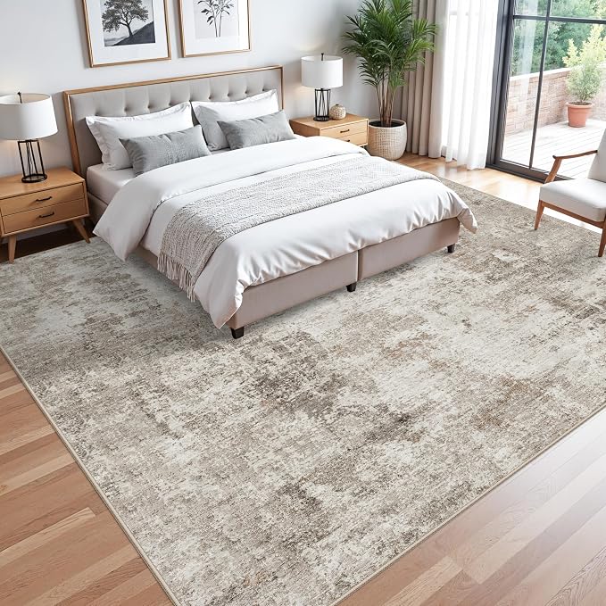 11x11 Square Area Rug for Living Room–Washable Non-Slip Soft Large Rug for Bedroom Playroom – Low-Pile Stain-Resistant Modern Abstract Neutral Indoor Carpet (Beige Grey,11ft)
