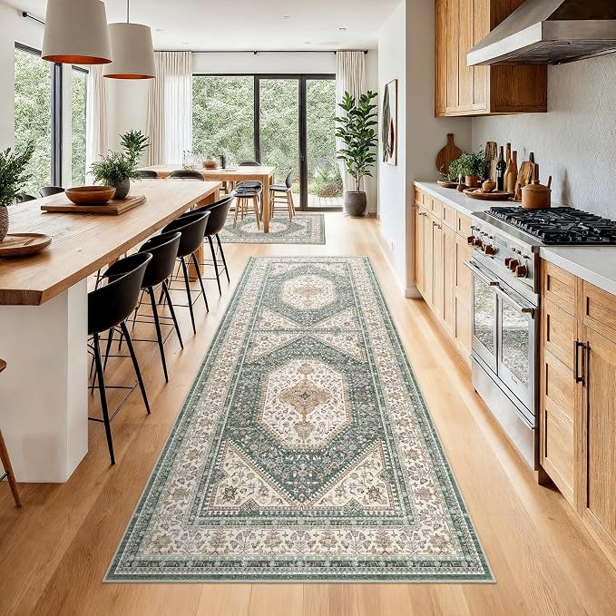 3x7 Runner Rug for Hallway Washable: Non Slip Kitchen Rugs with Rubber Backing Soft Waterproof Wide Mats Stain Resistant Low Pile Carpet for Entryway Bedroom Bathroom Laundry Home Decor Green/Beige