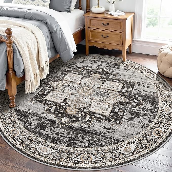 RUUGME Washable 7 Round Rug - Large Rugs for Living Room Low Pile Soft Carpet for Bedroom Kitchen Dining Room Vintage Non Slip Home Decor Floor Mat 7round Black
