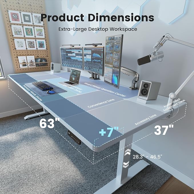 FEZIBO 63 x 37 Inch Standing Desk with Integrated Dual-Beam, Cable Management, 3 Memory Height Adjustable Computer Desk for Home Office Workstation, 1" Thick Large 3-Piece Desktop White