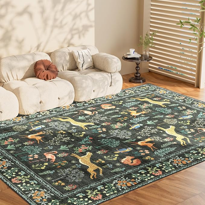 DUKINO 6x9 Rug, Washable Animal Living Room Rug with Non Slip Vintage Design, Soft Low Pile Large Carpet for Bedroom, Nursery, Dining Room, Farmhouse, Playroom, Black