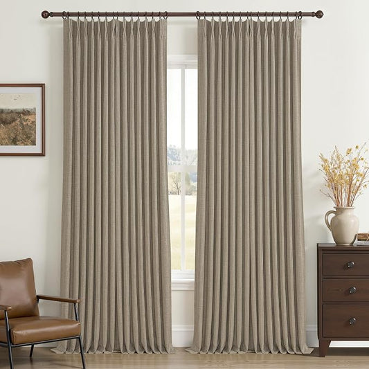 Memory Trained Pinch Pleated Tall Nursery Curtains 102 Inches Long, Blackout Oak Taupe Linen Blend Sound Dampening Thermal Windows Curtain Oatmeal Farmhouse Dining Room Drapes 40"W x 102"L x 2 Panels