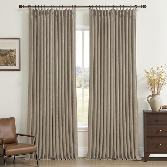 Extra Long Linen Blackout Dining Room Window Curtains 105 Inches 2 Panels Set, Oak Taupe Memory Shape Pinch Pleat Double Layer Heavy Curtain Insulated Sound Dampening Large Living Room Modern Drapes