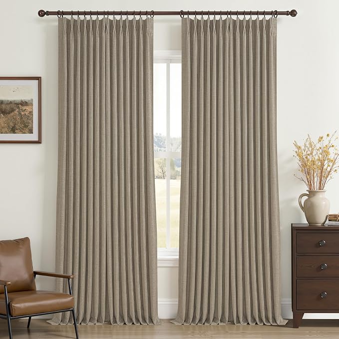 Extra Long 120 Inch Blackout Oak Taupe Floor to Ceiling Curtains for Bedroom, Memory Trained Pinch Pleated Dual Layer Linen Textured Drapes Sound Proof Thermal Luxury Curtain 10FT Length 2 Panels Set