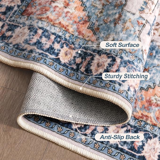 Tangsoo 3x10 Runner Rug for Hallway Long Washable Hallway Runner Rugs, Non Slip Vintage Soft Low Pile Rug Runner, Indoor Oriental 10ft Carpet Runners for Living Room Kitchen Bedroom Blue/Orange