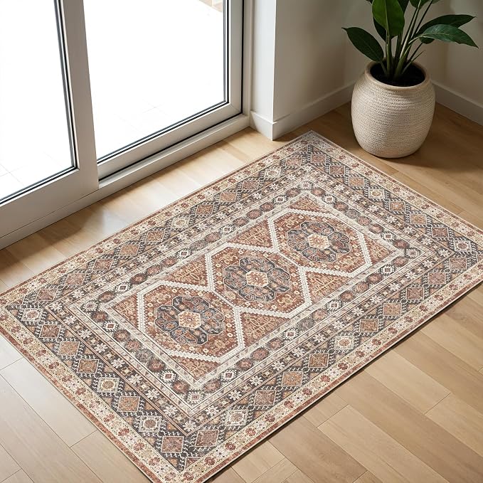 Washable Area Rug Non Slip - 2x3 Small Kitchen Boho Rug Vintage Entryway Low Pile Carpet for Doormat Brick (Brick, 2x3)