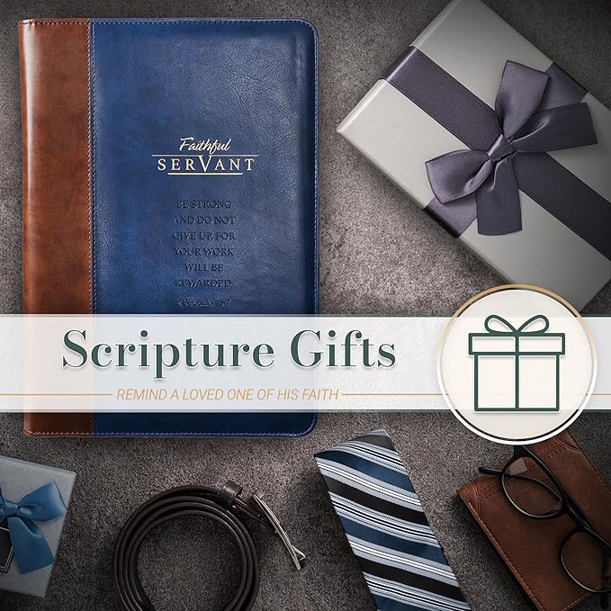 Christian Art Gifts Faithful Servant 2 Chronicles 15:7 Zippered Brown Faux Leather Padfolio/Portfolio Folder Notepad with Single Pen with Highlighter Tip for Notes