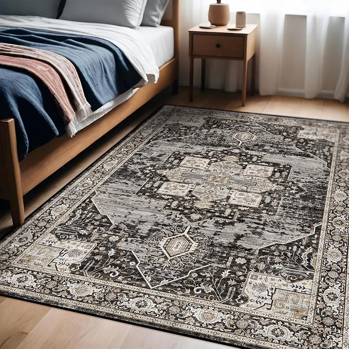 Washable 4x6 Area Rugs - Soft Area Rug for Living Room Stain Resistant Carpet Vintage Indoor Ultra-Thin Rugs for Bedroom Kitchen entryway with Non Slip Backing Home Decor Small Mat 4X6 Black