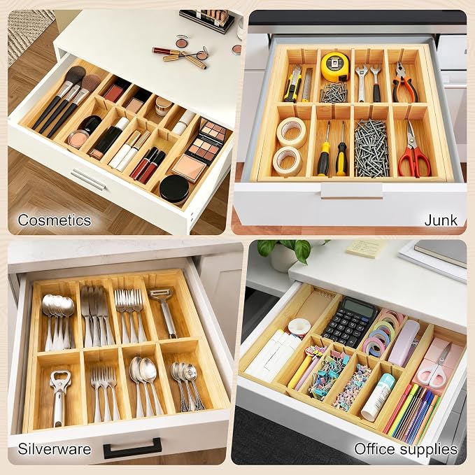 TREWAVE Bamboo Desk Drawer Organizer, Expandable Drawer Organizer Tray | 12.6" - 15.6" Wide, with Adjustable Dividers, Wooden Storage Organizers for Office Supplies, Crafts, Makeup & Kitchen Cutlery