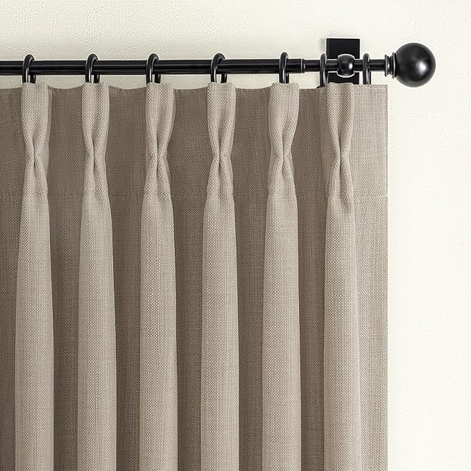 Extra Short Linen Blackout Double Layer Kitchen Curtains 45 Inches Long 2 Panels, Burlywood Birch Memory Trained Pinch Pleated Thermal Insulated Curtain Boho Soundproof Room Darkening Windows Drapes