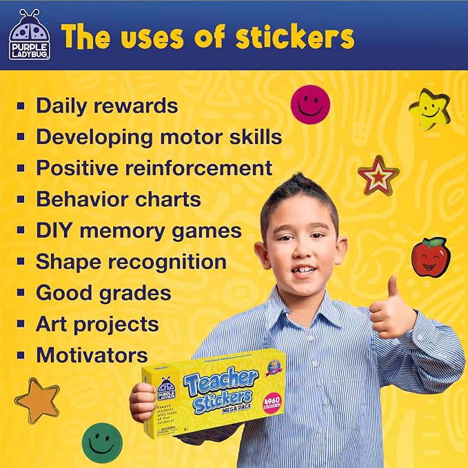 PURPLE LADYBUG Teacher Stickers for Students - 4960 Reward Stickers for Kids Classroom Supplies, Teacher Must-Haves for Classroom Reward Charts, Star, Back to School Gift