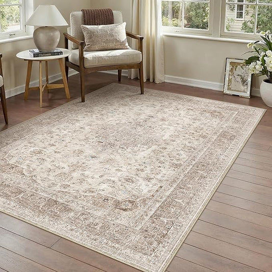 PureCozy Beige Area Rug 3x5 Washable Office Entryway Vintage Carpet Low Pile Non Slip Distressed Door Mat Soft Traditional Retro Oriental Small Accent Throw Rug Kitchen Bedroom Bathroom Dining Room